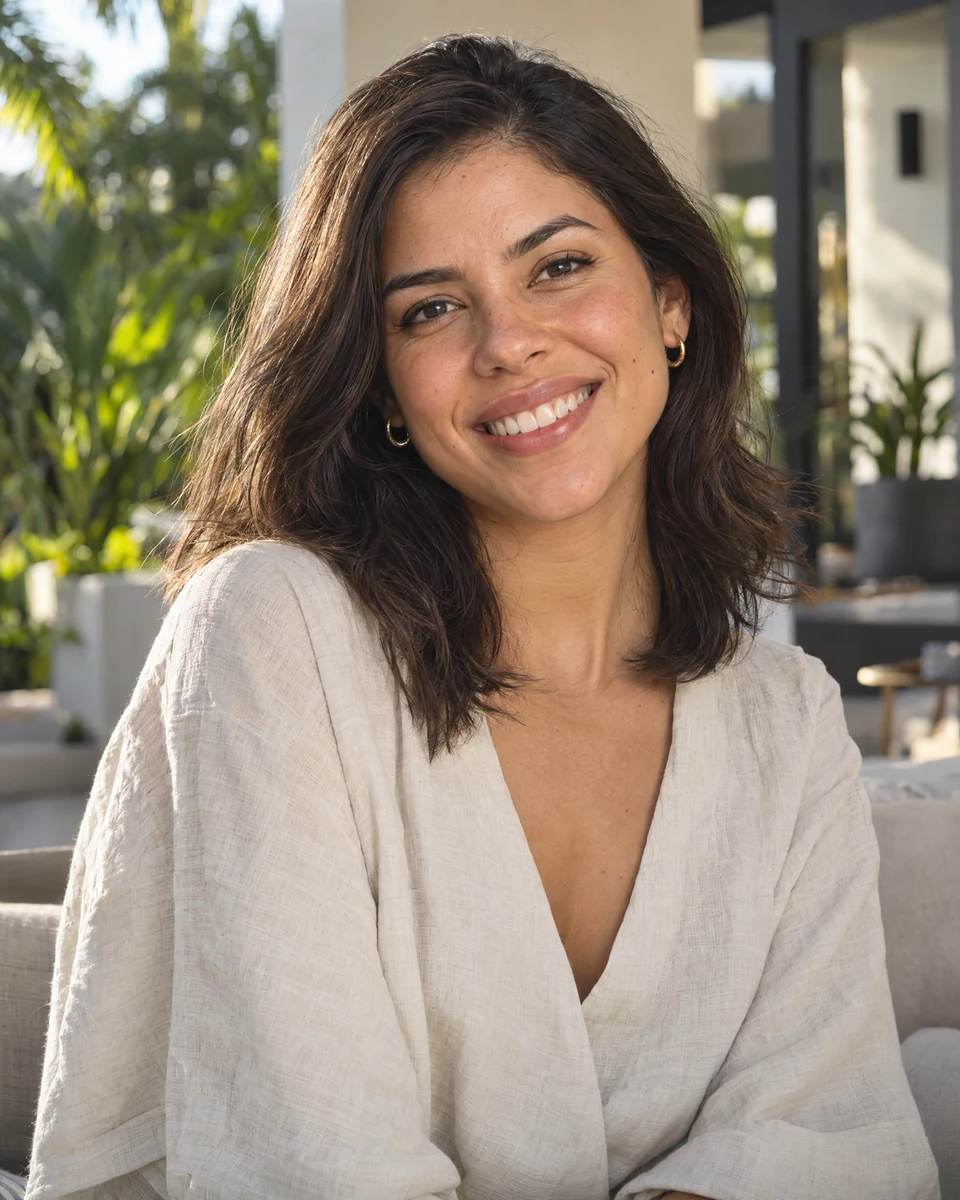 Young woman in a light-colored top seated outdoors